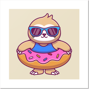 Cute Sloth With Doughnut Swimming Tires Posters and Art